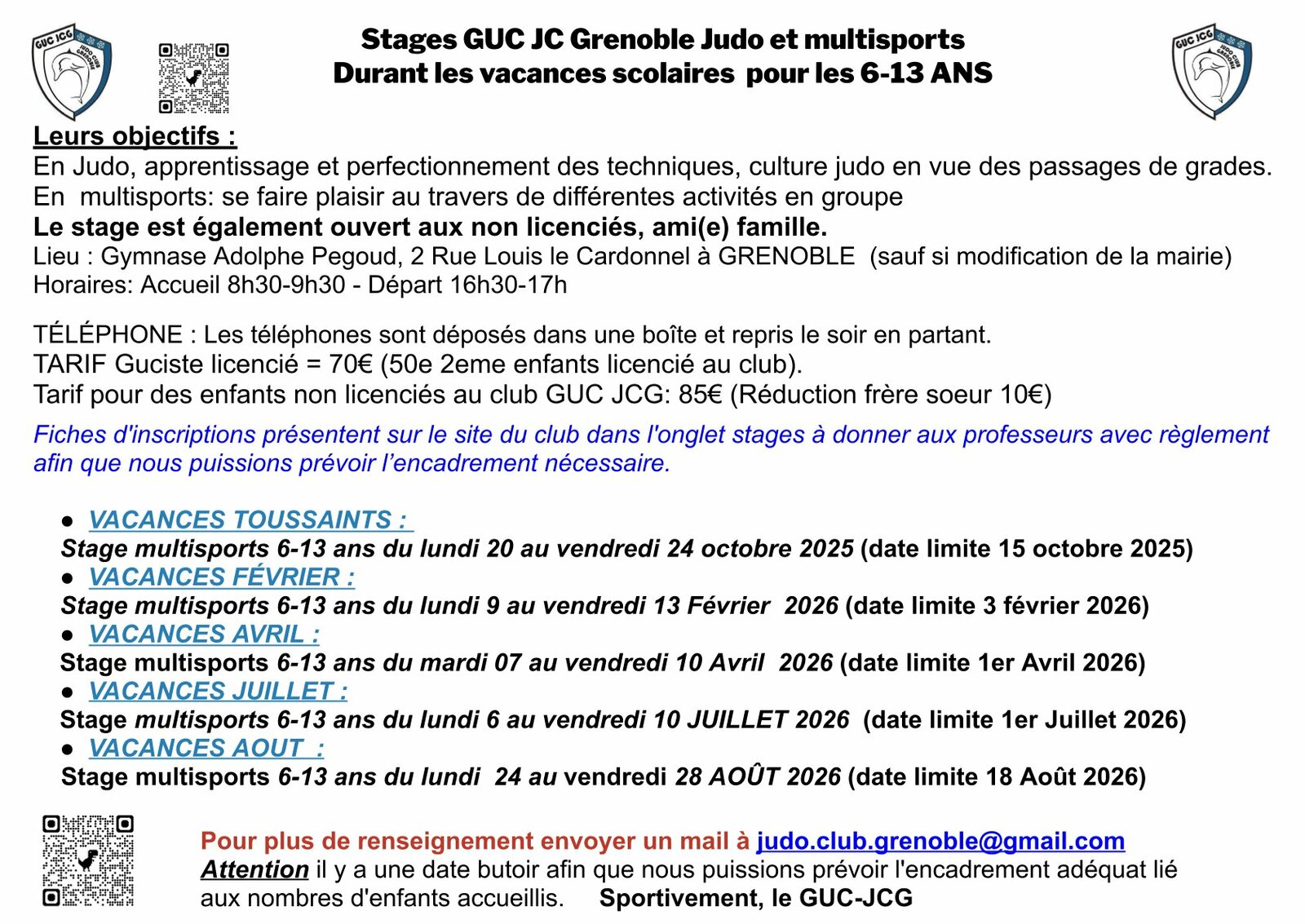 Dates Stage annuels Judo et Multisports 6-13 ans